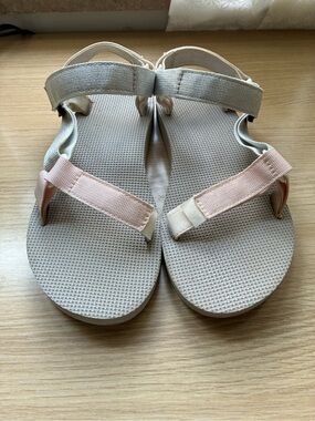 Teva Grey Sandals with Pale Pink, Grey, and White Shimmer Straps